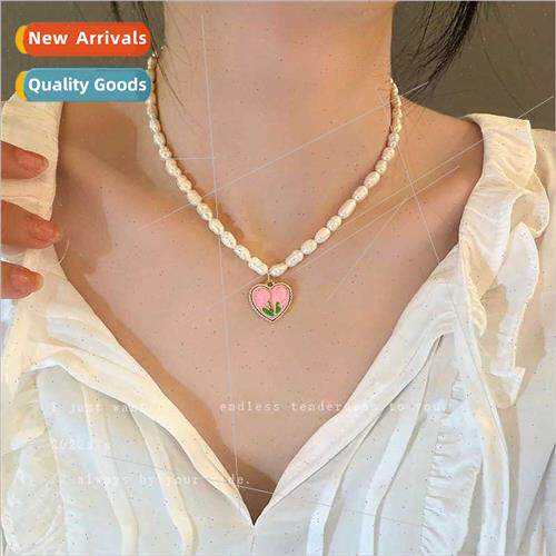 Pink Tulip Heart Pearl Necklace Female che Collarbone Chain