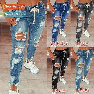 Drawstring Denim Jeans For Women Ripped Hole Stch Jean Ladie