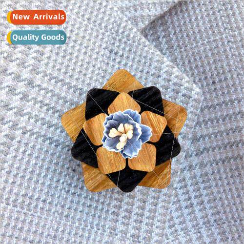 High-grade color blocking handmade wooden corsage brooch fiv