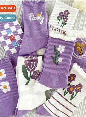 Purple wooden ear lace lace socks women spring mid-calf sock