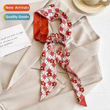 Ambient sense red thin narrow long silk scarf women tie hair