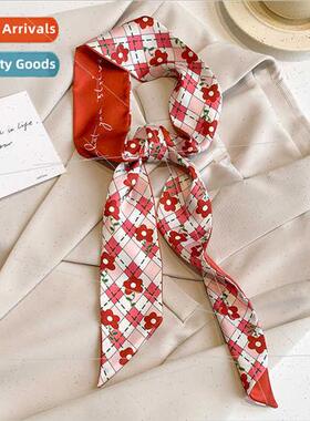 Ambient sense red thin narrow long silk scarf women tie hair