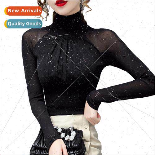 Korean fashion Women Mesh top High neck Sexy Black bottoming