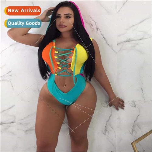2024 new color blocking one-piece bikini swimsu female fashi