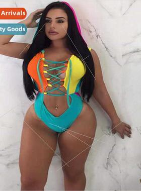 2024 new color blocking one-piece bikini swimsu female fashi