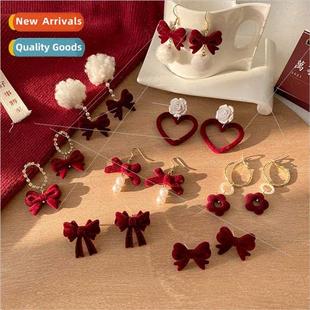 earrings bow female pearl ret flocking Red