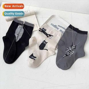 cat perso women calf mid black owl socks new Summer