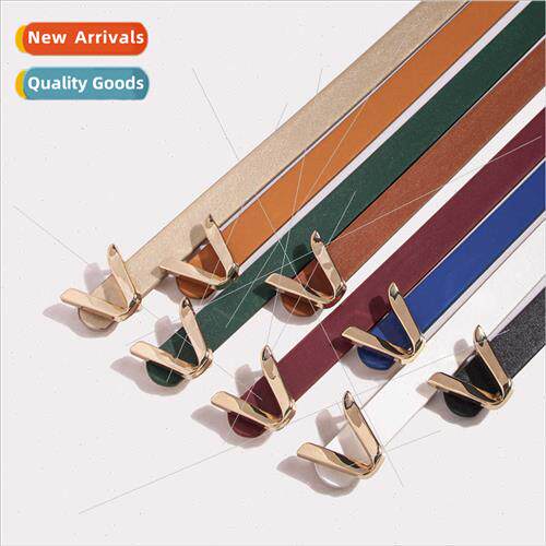 Women V letters flat thin belt imation leather PU simple com