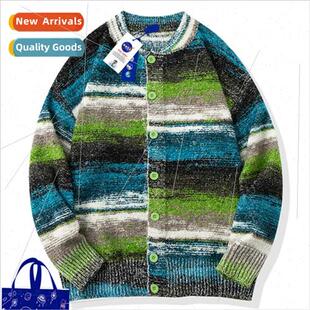 Japanese retro striped cardigan sweater men winter tide loos