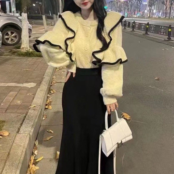 韩版复古荷叶边毛衣开衫外套女秋冬季2022年新款宽松短款针织上