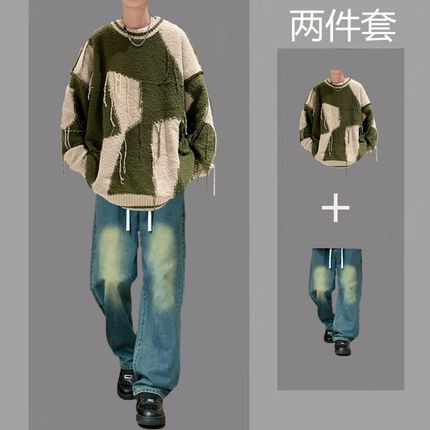 美式撞色毛衣男秋l冬款潮牌慵懒风针织衫外套男装搭配一套帅气套