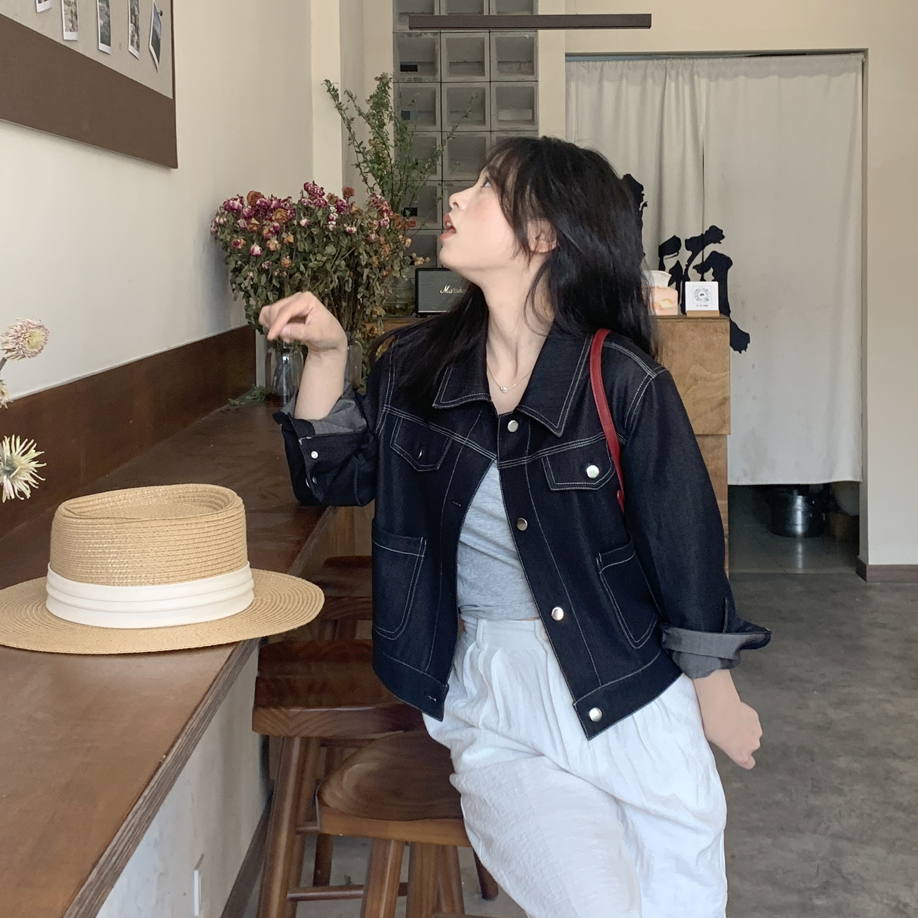 PERRY自制小个子黑色牛仔外套小码150xxs