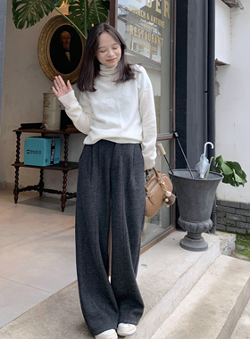 PERRY自制小个子醋酸羊毛人字纹加绒加厚宽松拖地裤小码150xxs