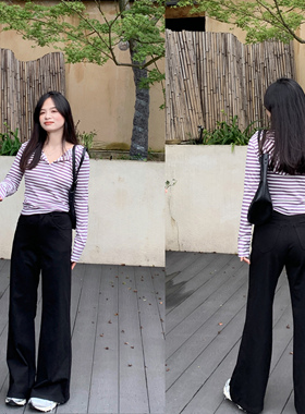 PERRY自制小个子高腰显瘦黑色直筒裤女休闲裤150xxs