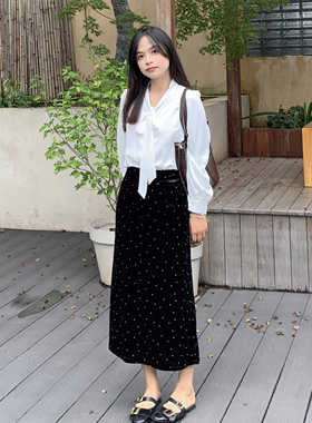 PERRY自制丝绒小个子黑色显瘦波点印花半身裙女高腰中长款150xxs