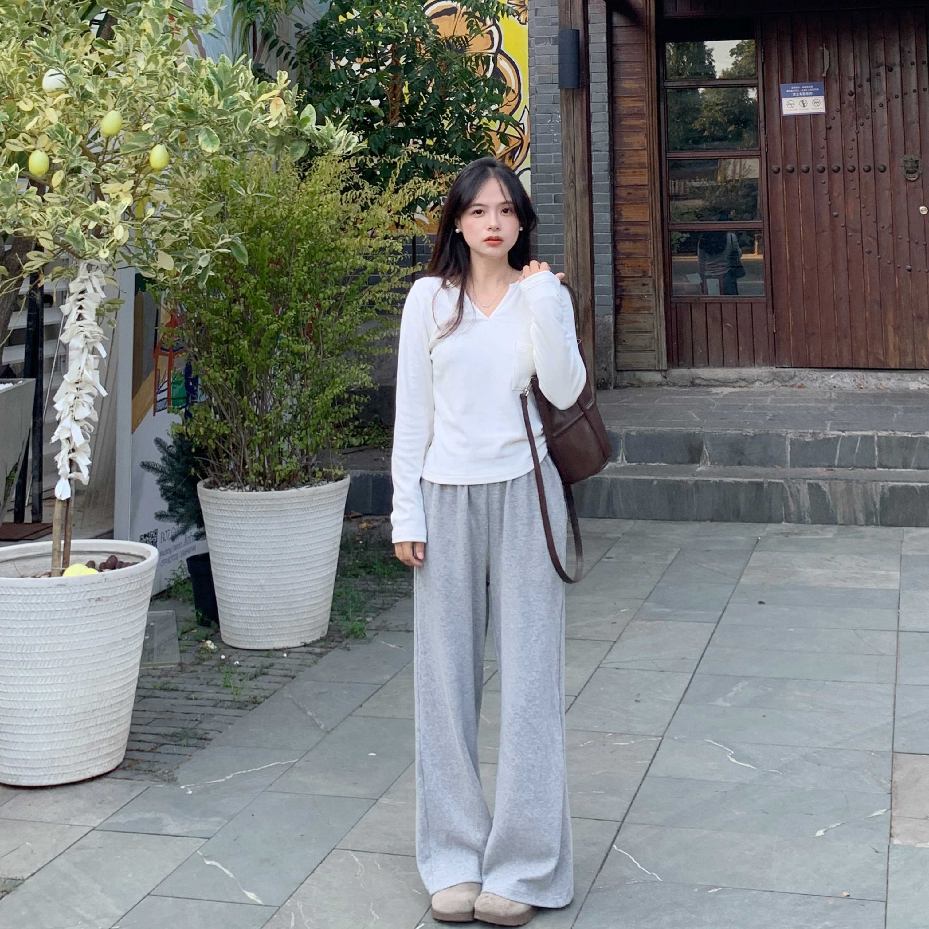 PERRY自制小个子宽松松紧灰色运动裤拖地150xxs