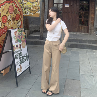 PERRY自制小个子卡其色水洗棉微喇拖地裤 150xxs 小码