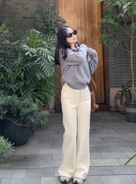 PERRY自制小个子高腰白色微喇叭休闲裤女直筒长裤百搭小码150xxs