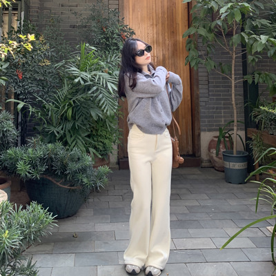 PERRY自制小个子高腰白色微喇叭休闲裤女直筒长裤百搭小码150xxs