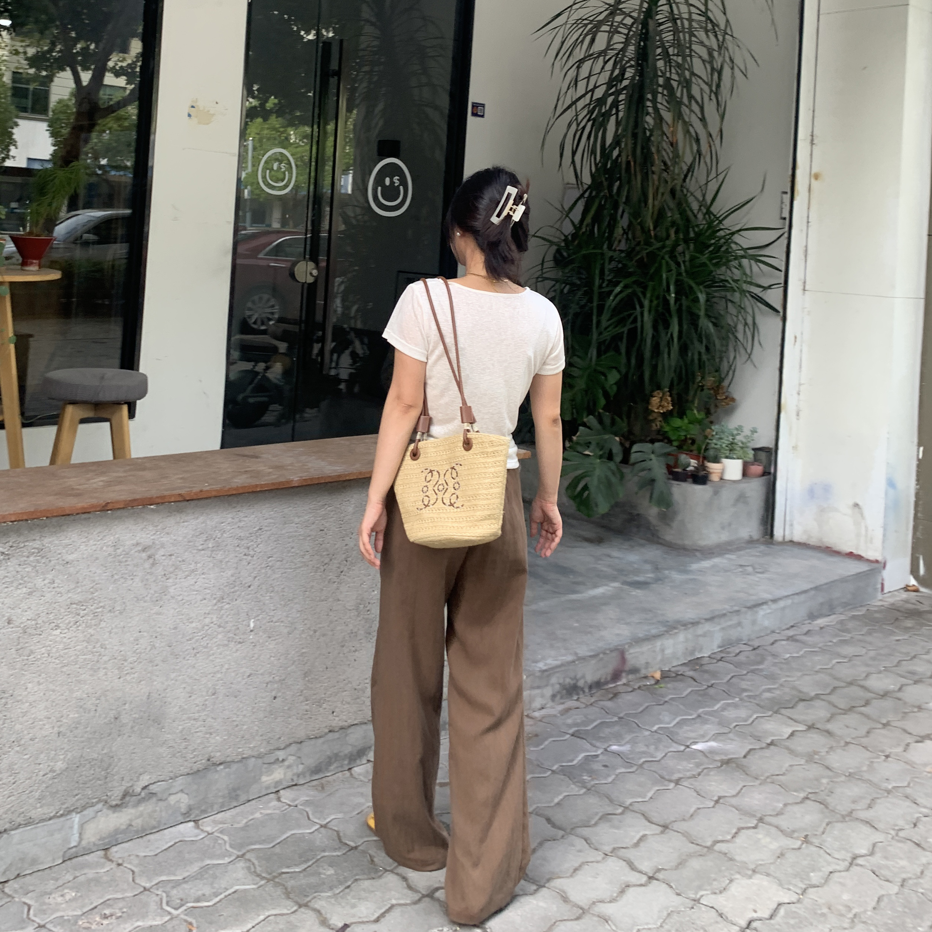 PERRY自制小个子宽松水洗棉直筒高腰长裤小码150xxs阔腿休闲裤