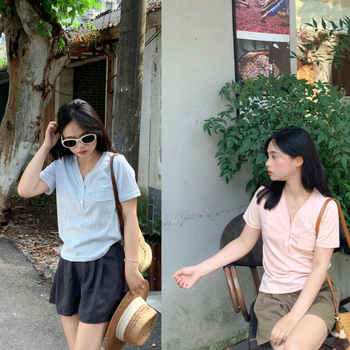 PERRY自制小个子v领亚麻T显瘦多色短袖xxs150