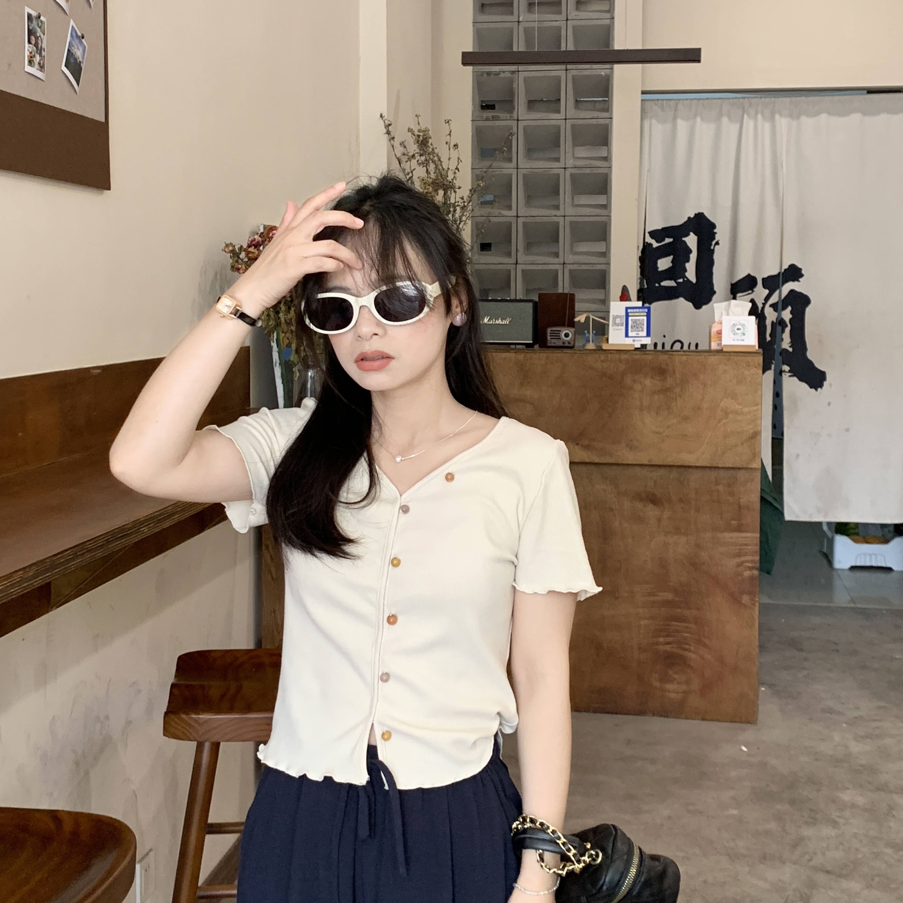 PERRY自制小个子v领彩扣花边短袖小码150xxs