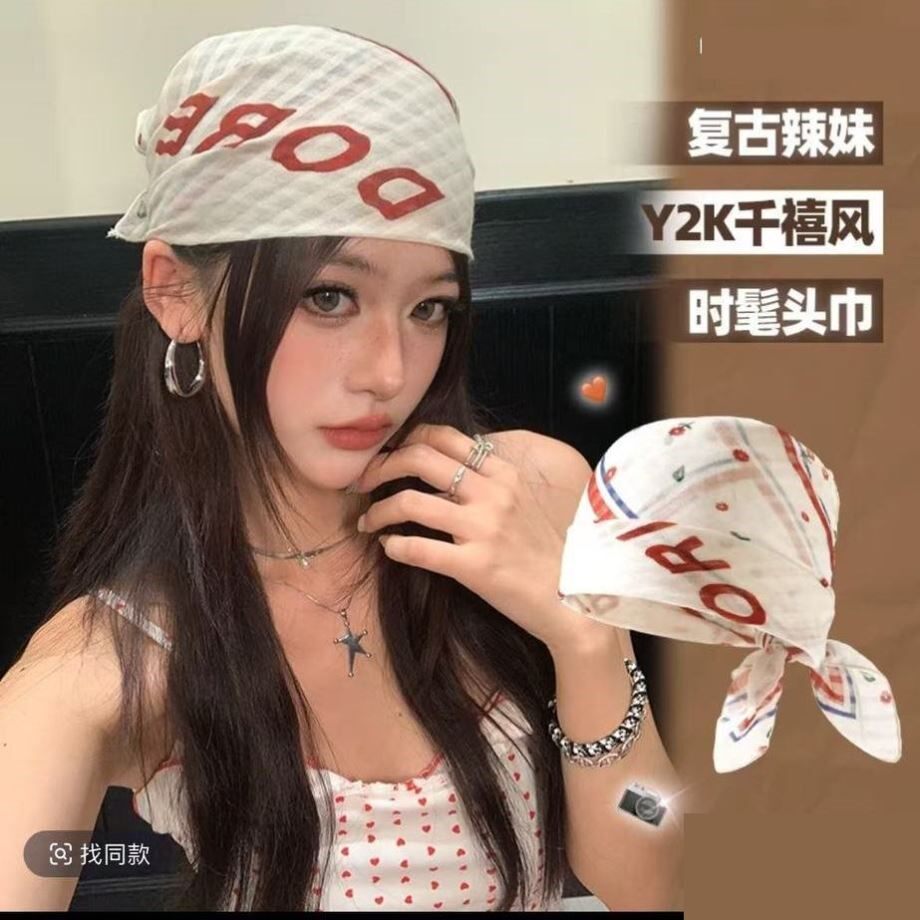 干禧辣妹包头巾女y2k美式高级感字母方巾春夏薄款百搭棉麻丝巾潮