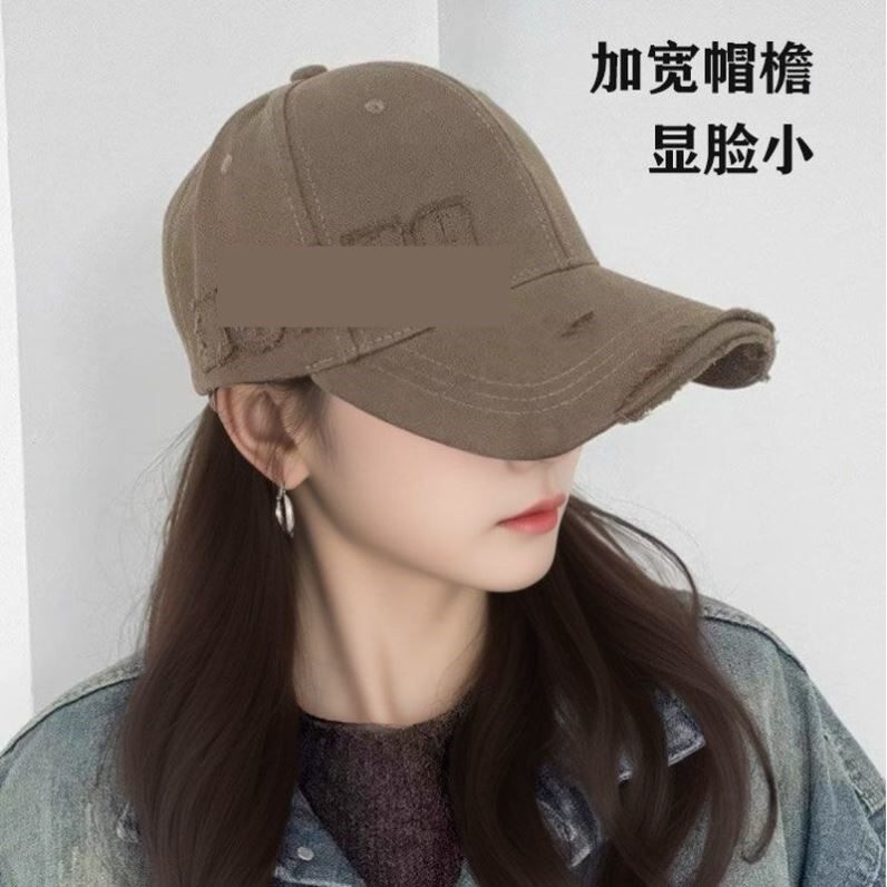 加宽帽檐复古破洞硬顶棒球帽女显脸小春秋户外遮阳大头围鸭舌帽