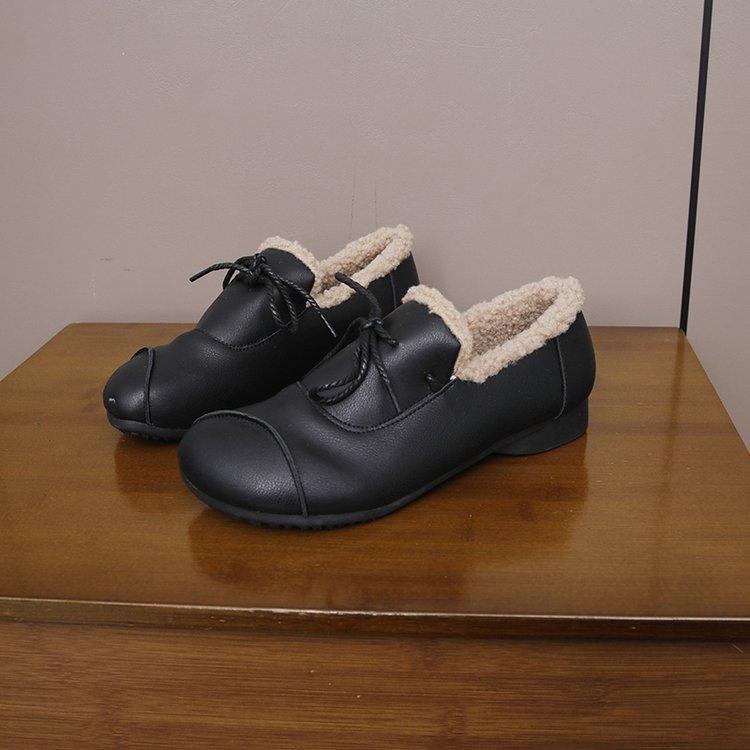 加绒豆豆鞋女2025冬季新款加棉软皮平底棉鞋防滑保暖中老年妈妈鞋