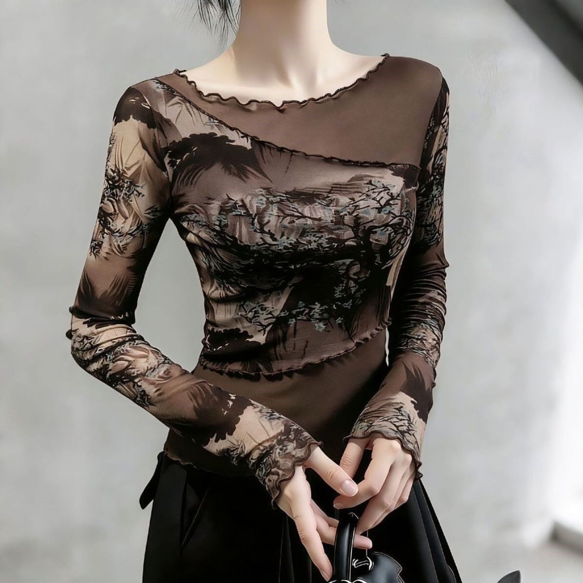 新中式国风印花网纱水墨画打底衫女春款长袖薄纱恤舞蹈纱衣上衣