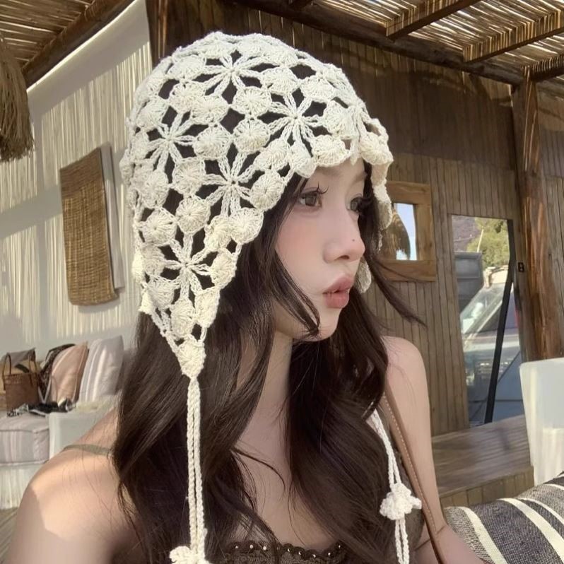 日系手工编织毛线帽学生少女ins风甜美可爱手钩镂空针织包头帽子
