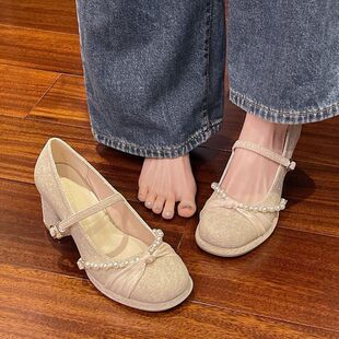 玛丽珍鞋女2026春季新款不累脚高跟主婚纱婚鞋配裙子法式粗跟单鞋