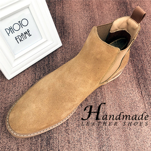 手工真皮切尔西靴男英伦风马丁靴男款短靴男鞋高帮鞋反绒皮男靴子