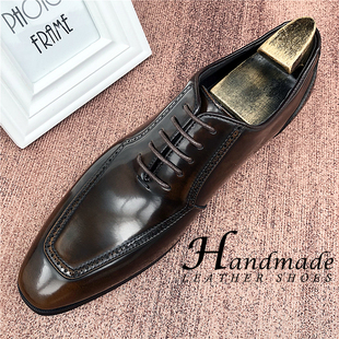 发型师鞋 男英伦风尖头系带男鞋 皮鞋 亮面漆皮复古擦色真皮商务正装