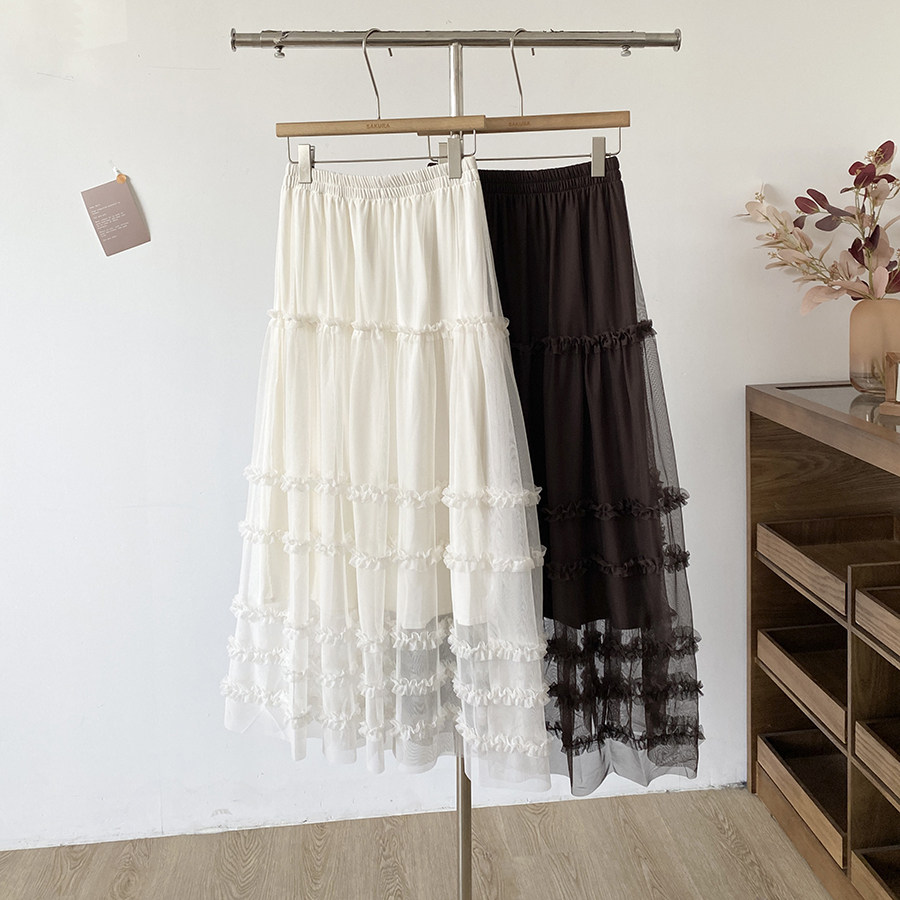 法式网纱中长裙女2025冬季新款通勤气质氛围感百搭白色a字半身裙