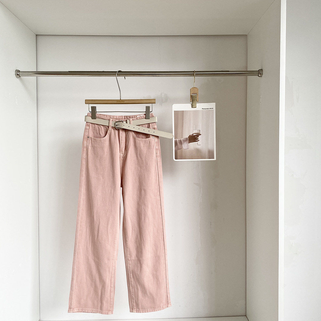 韩式休闲风高腰阔腿牛仔裤女2026年春季新款宽松显瘦百搭粉色长裤