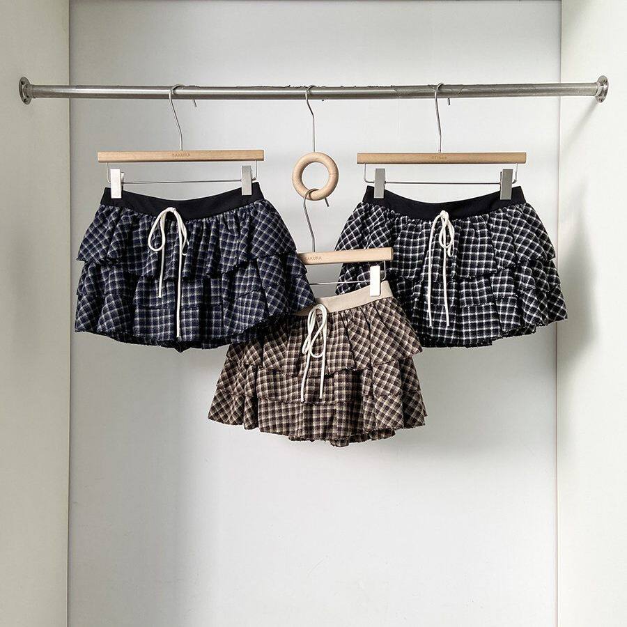 复古格纹系带蛋糕半身裙女春夏季新款韩系百搭显瘦防走光A字短裙