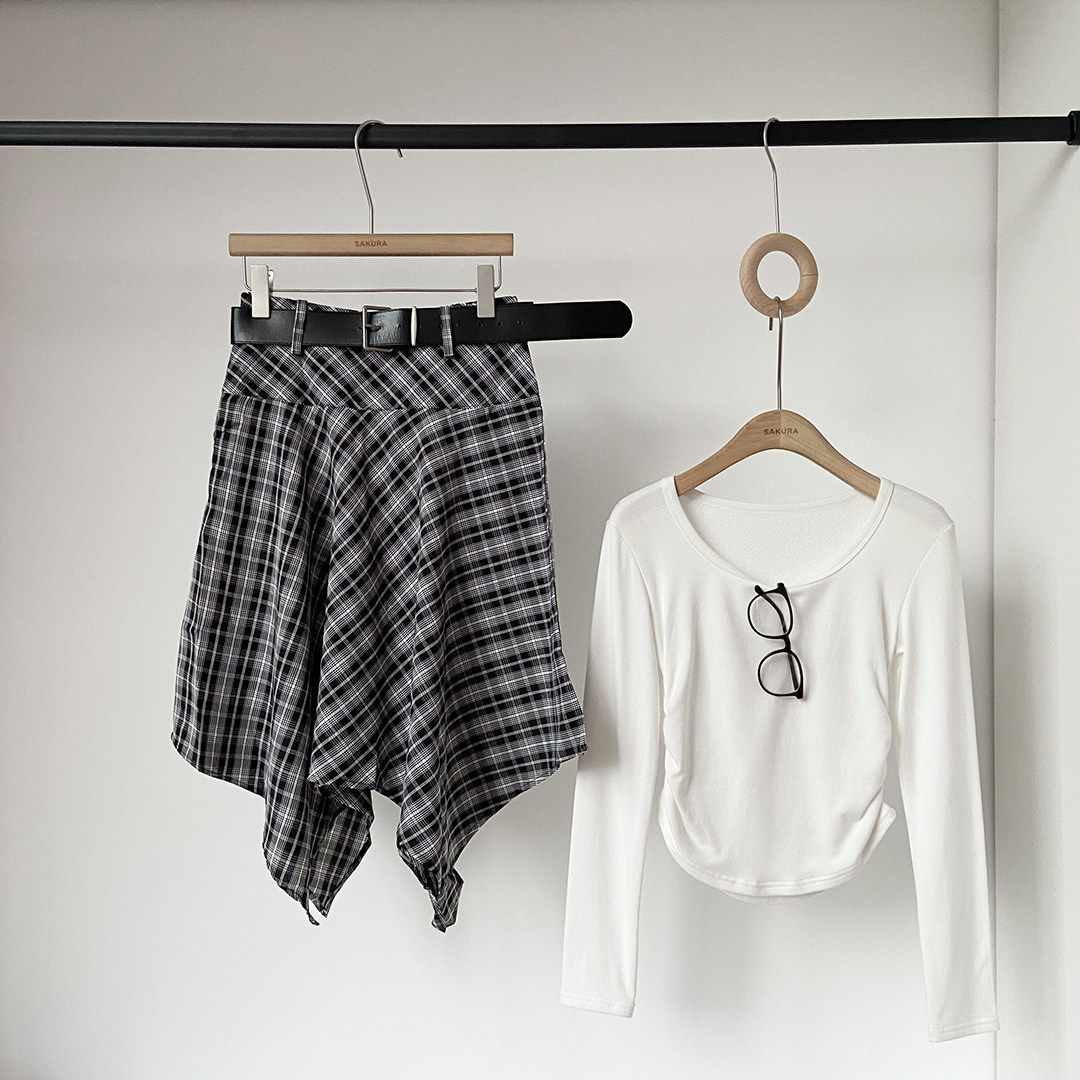 复古格纹不规则半身裙女春夏季新款法式高腰显瘦大摆伞裙中长裙潮