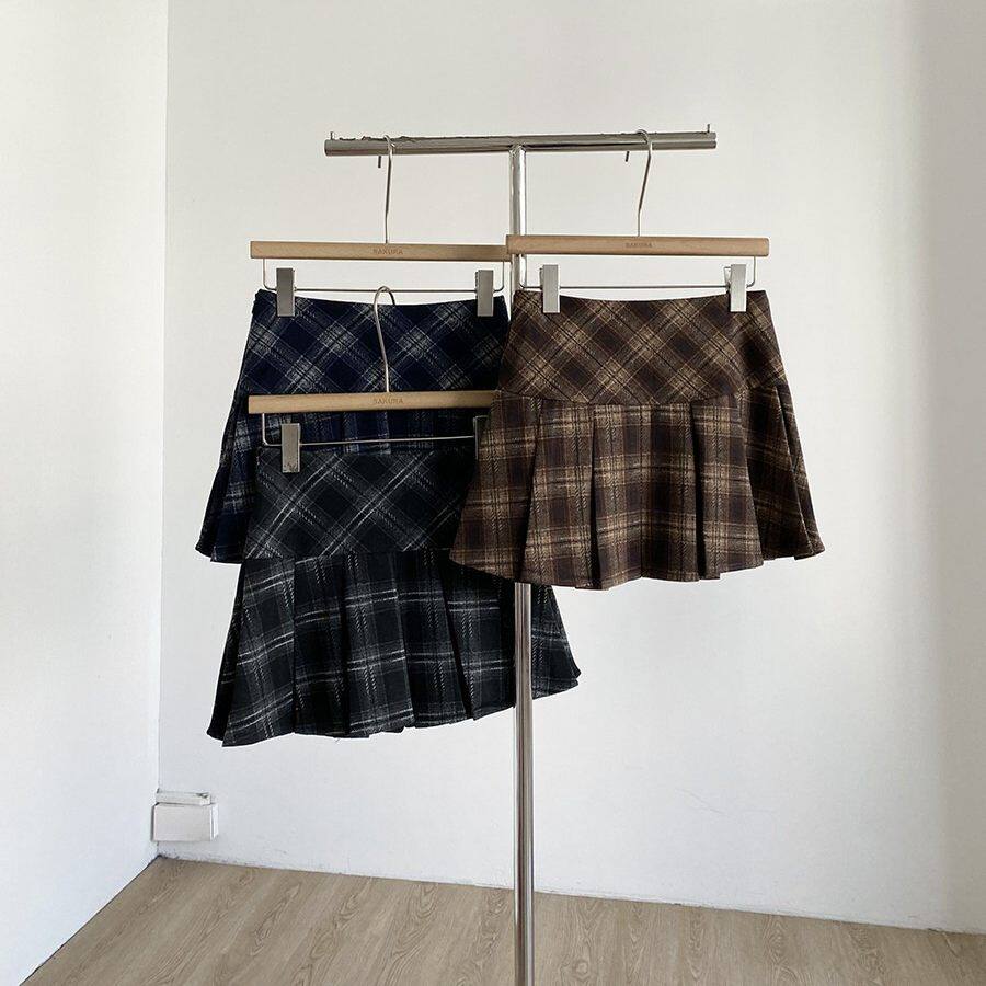 复古风格纹撞色高腰显瘦毛呢半身裙女2026春季新款韩版a字短裙潮