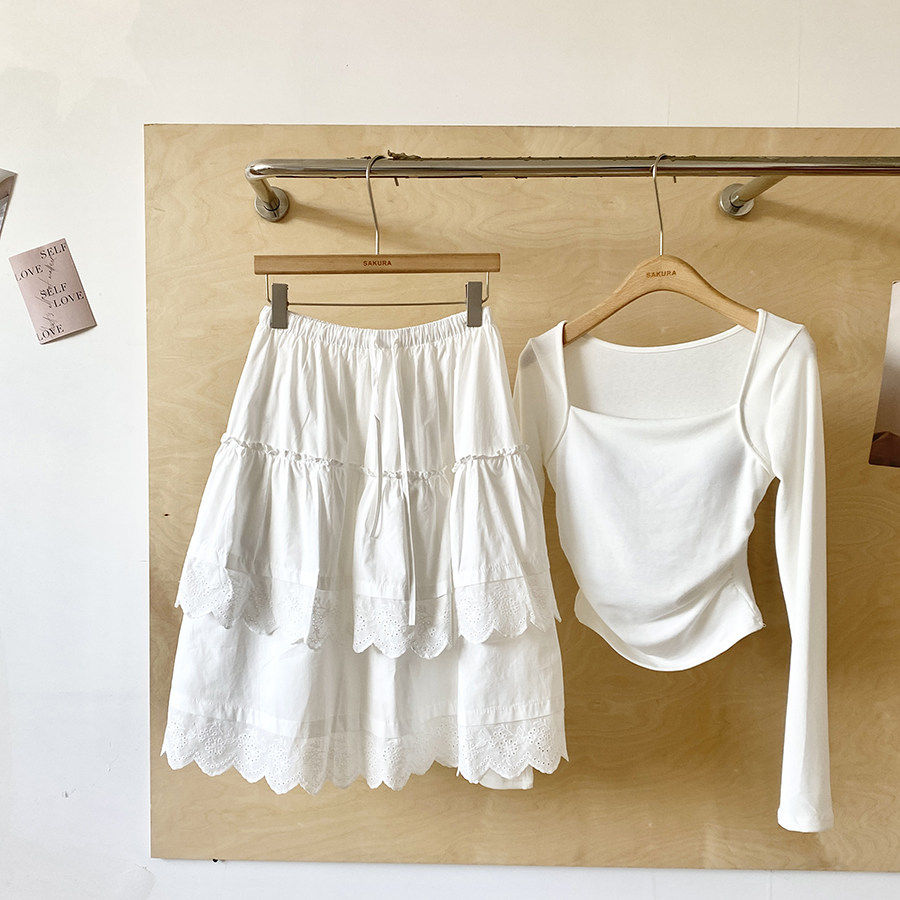 甜美白色高腰A字蛋糕裙女春季新款减龄小个子百搭层次感半身裙潮