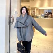 JN家灰色Y羊毛围巾斗篷大衣女双面呢秋冬短款 披肩外套