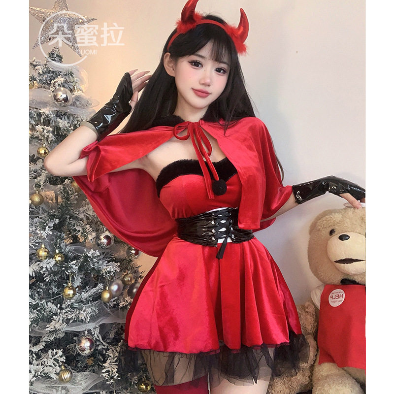 朵蜜拉欧美万圣节小恶魔cosplay制服夜店舞台丝绒连衣裙圣诞装女