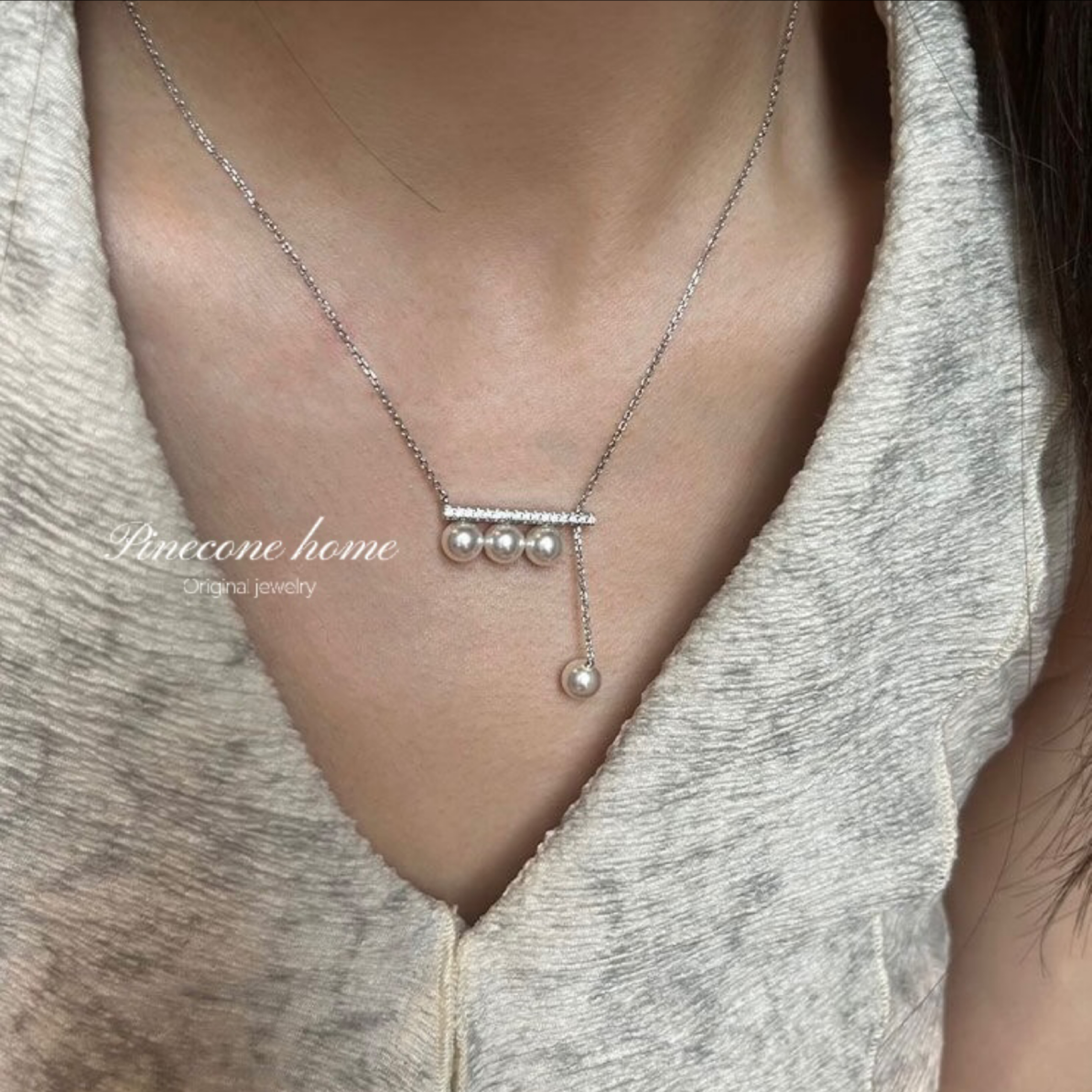 Pinecone home小众【四分音符】平衡木s925纯银镶锆珍珠抽拉项链