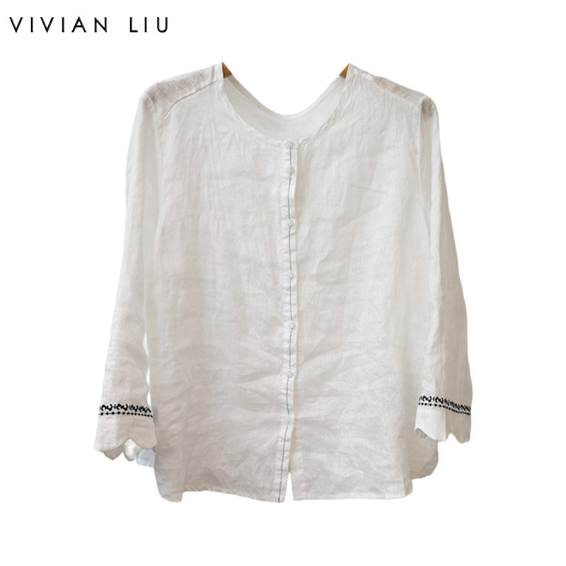 VIVIAN LIU D2633028夏女装新款文艺苎麻刺绣圆领七分袖衬衫