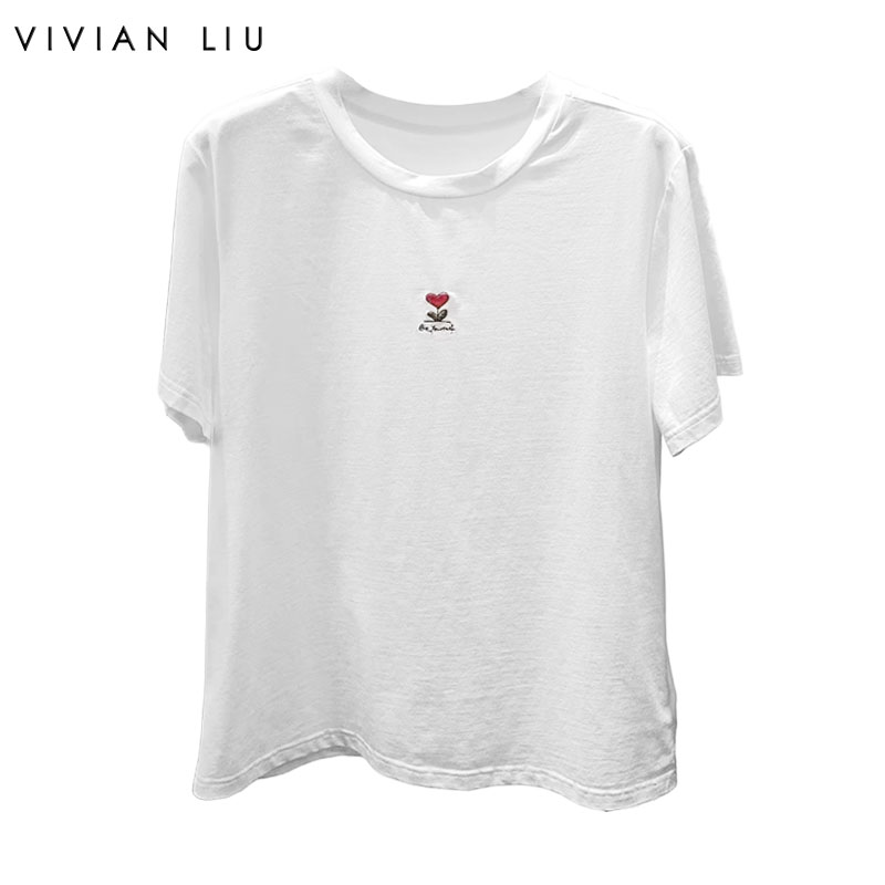 VIVIANLIU圆领绣花短袖针织衫