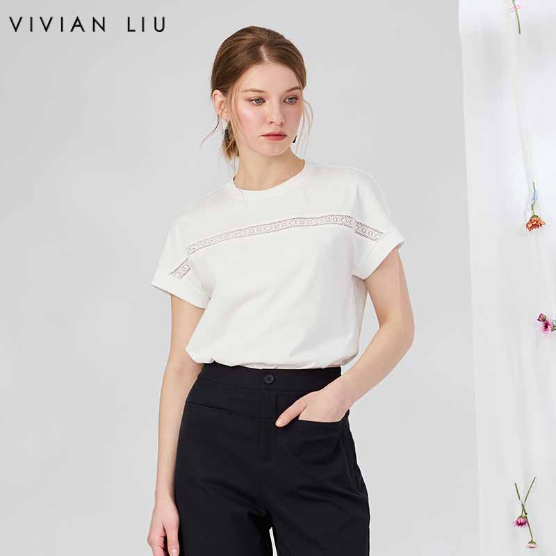VIVIAN LIU V2537306 夏季新款圆领前胸拼花边宽松休闲短袖T恤