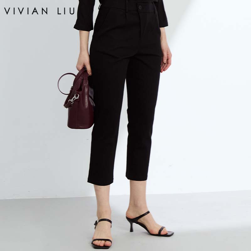 VIVIAN LIU R2445001 25春季新款腰部斜门襟斜插兜直筒休闲九分裤