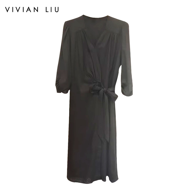 V领侧腰系带长袖收腰连衣裙