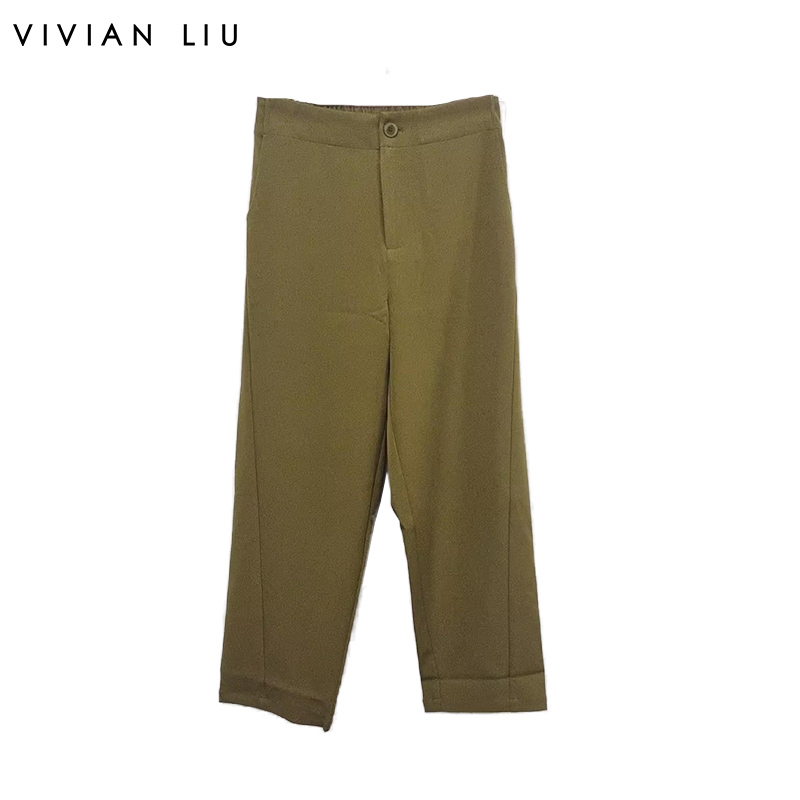 VIVIAN LIUD2425001春女装新款斜插兜后腰松紧显瘦直筒休闲长裤
