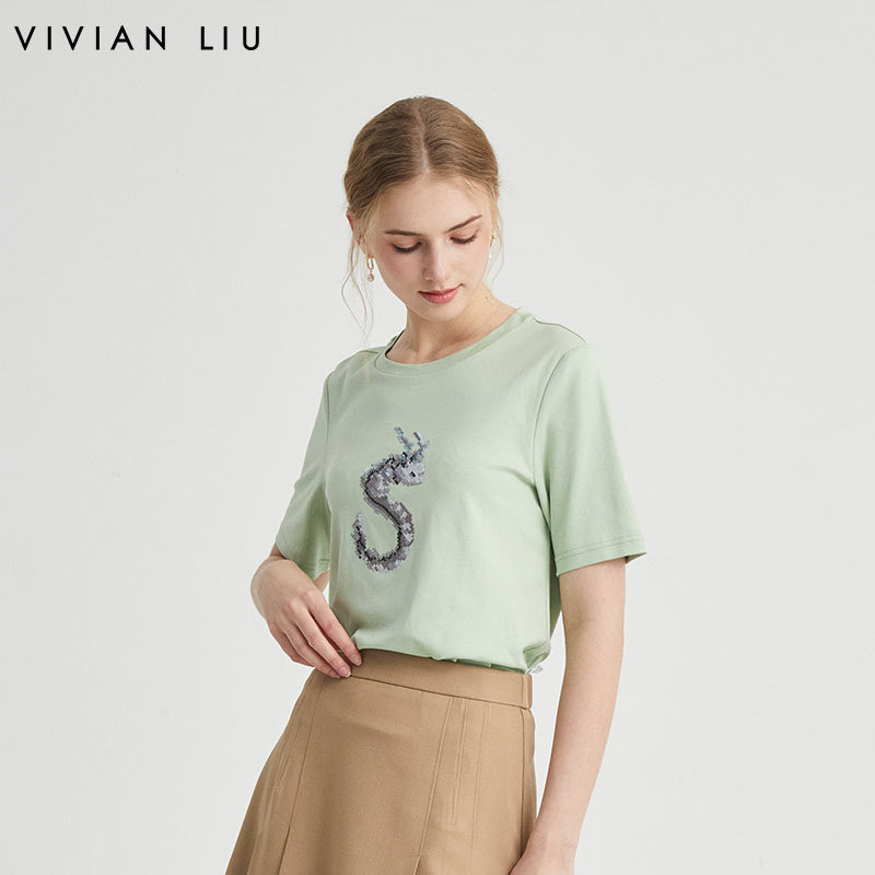 时尚圆领亮片短袖针织衫